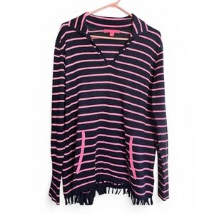 Lilly Pulitzer Crestwood Sweater XL Pink Navy Blue Maritime Stripe Fringe Women